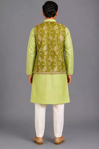 Lime green embroidered cotton silk Men Kurta Set