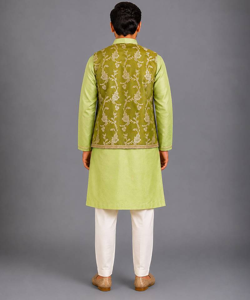 Lime green embroidered cotton silk Men Kurta Set