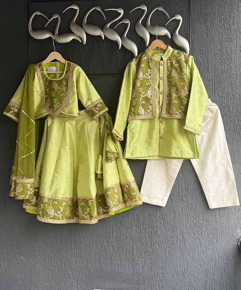 Lime green embroidered cotton silk Men Kurta Set