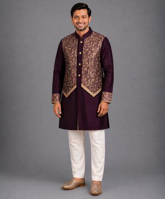 royal purple embroidered cotton silk men kurta set 1
