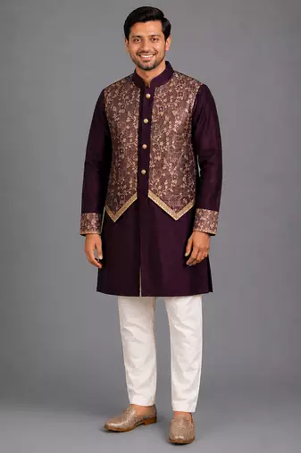 royal purple embroidered cotton silk men kurta set
