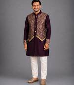 royal purple embroidered cotton silk men kurta set