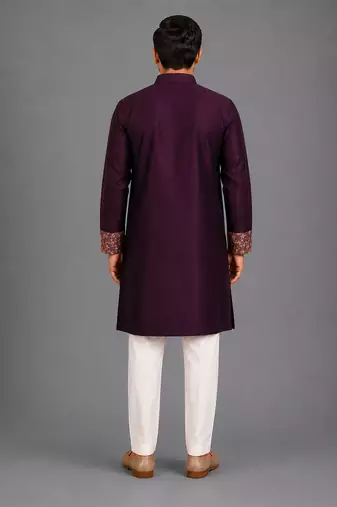 royal purple embroidered cotton silk men kurta set
