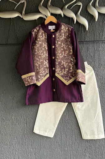 royal purple embroidered cotton silk men kurta set