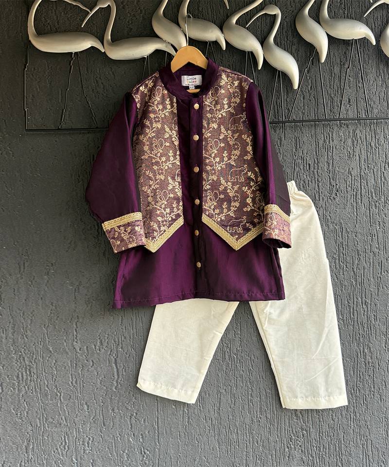 royal purple embroidered cotton silk men kurta set