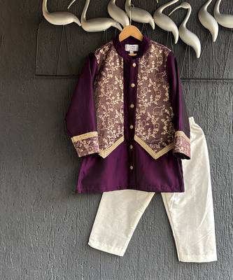 royal purple embroidered cotton silk men kurta set 4