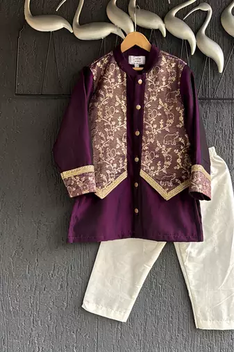 royal purple embroidered cotton silk men kurta set