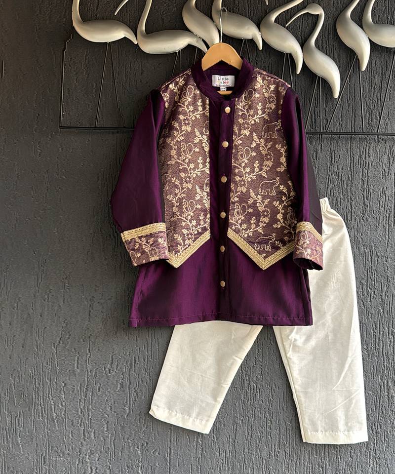 royal purple embroidered cotton silk men kurta set