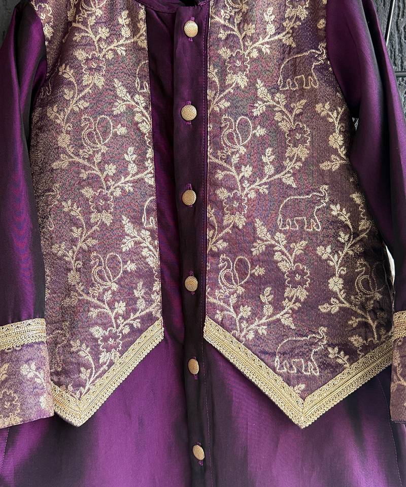 royal purple embroidered cotton silk men kurta set