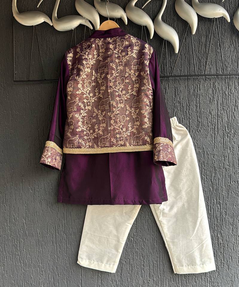 royal purple embroidered cotton silk men kurta set