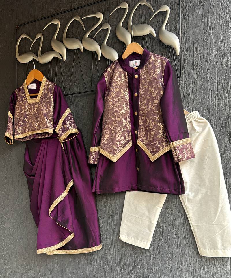 royal purple embroidered cotton silk men kurta set