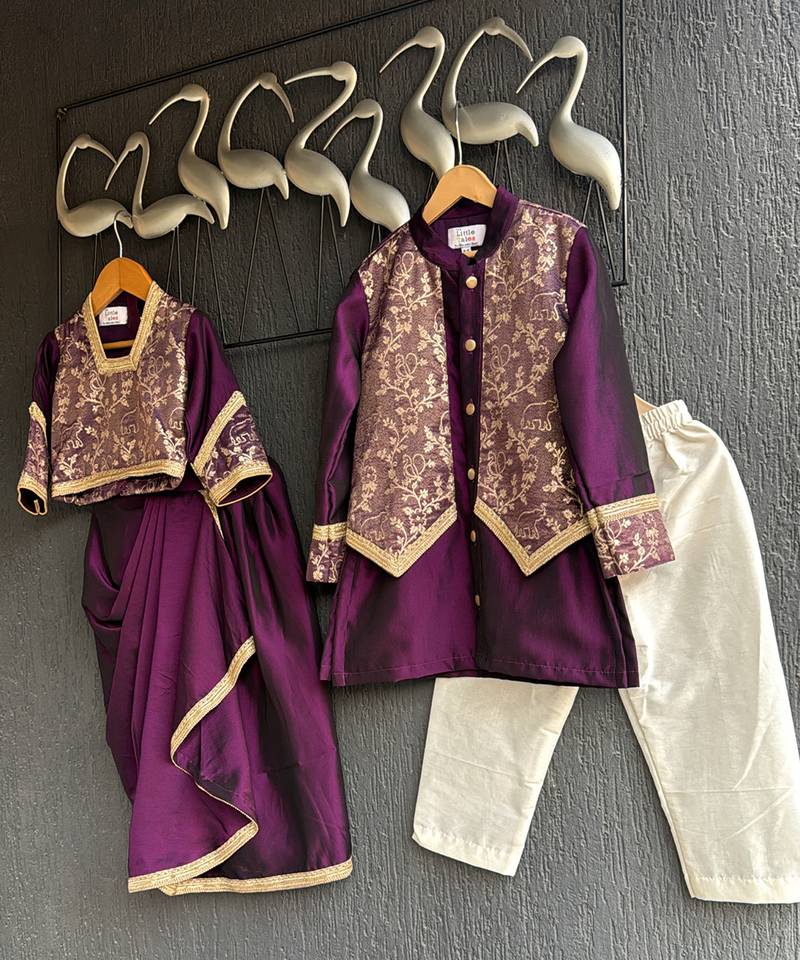 royal purple embroidered cotton silk men kurta set
