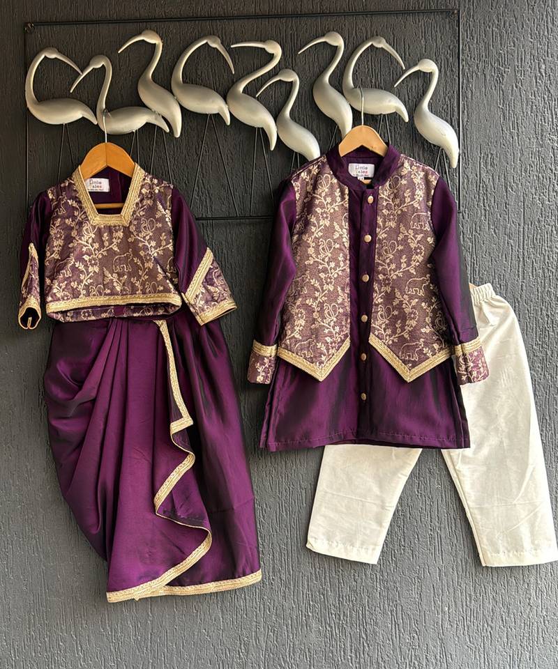 royal purple embroidered cotton silk men kurta set