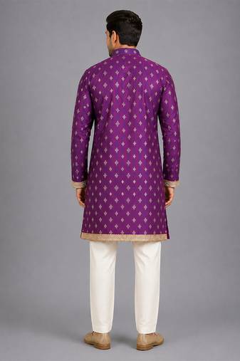 magenta purple embroidered cotton silk men kurta set