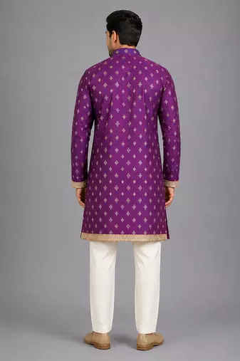 magenta purple embroidered cotton silk men kurta set