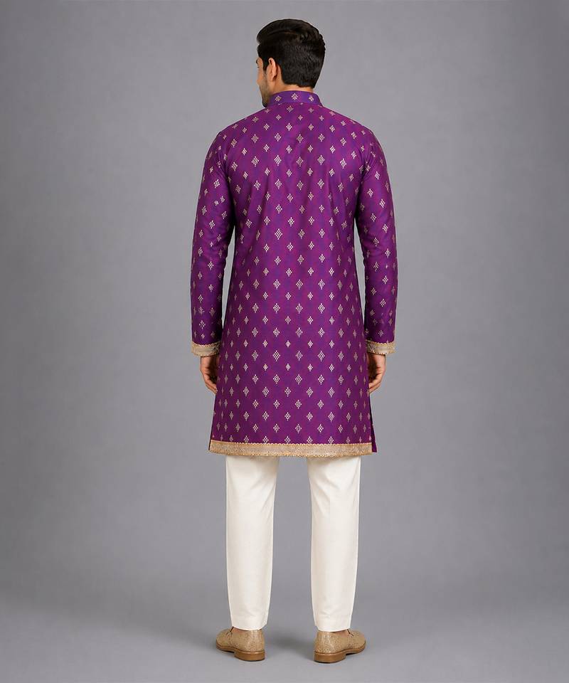 magenta purple embroidered cotton silk men kurta set