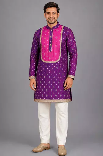 magenta purple embroidered cotton silk men kurta set