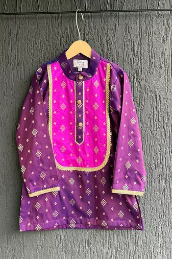 magenta purple embroidered cotton silk men kurta set
