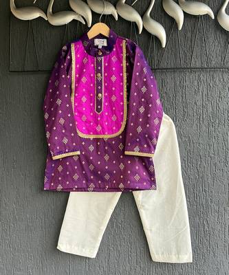 magenta purple embroidered cotton silk men kurta set 5