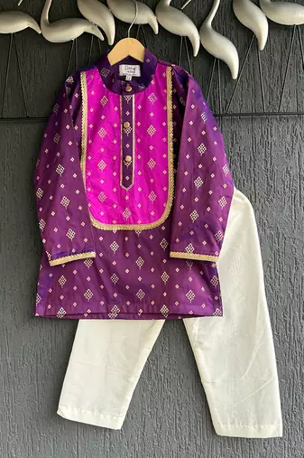 magenta purple embroidered cotton silk men kurta set