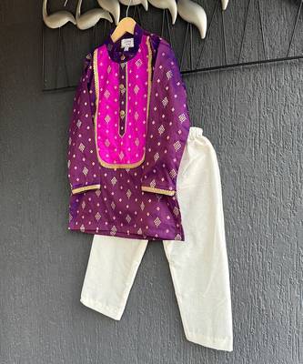 magenta purple embroidered cotton silk men kurta set 6