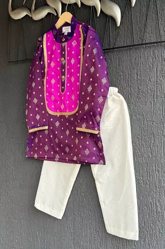 magenta purple embroidered cotton silk men kurta set