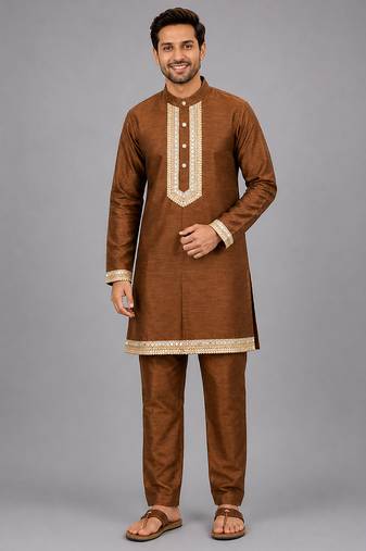 Copper brown embroidered cotton silk Men Kurta Set