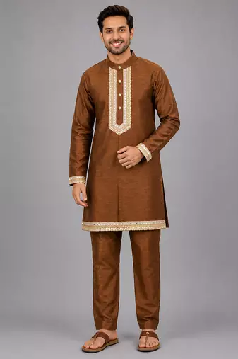 Copper brown embroidered cotton silk Men Kurta Set