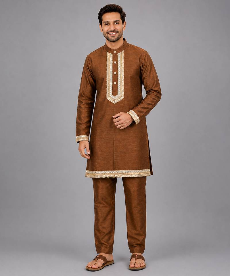 Copper brown embroidered cotton silk Men Kurta Set