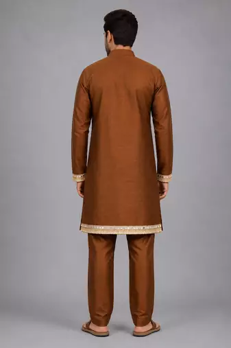 Copper brown embroidered cotton silk Men Kurta Set