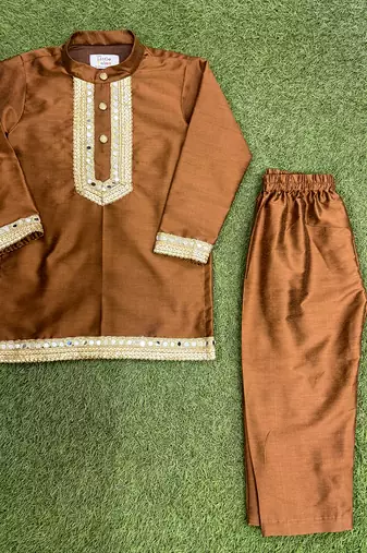 Copper brown embroidered cotton silk Men Kurta Set