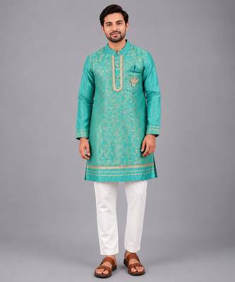 Turquoise blue embroidered cotton silk Men Kurta Set 1