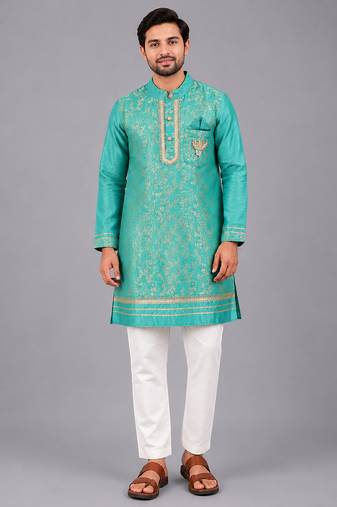 Turquoise blue embroidered cotton silk Men Kurta Set