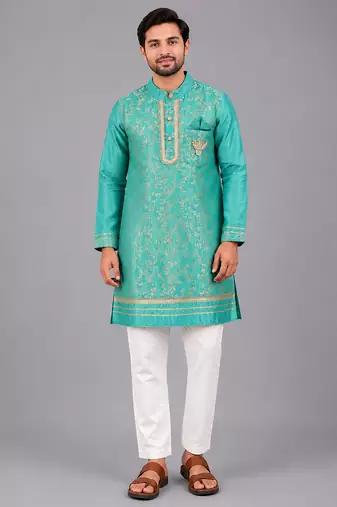 Turquoise blue embroidered cotton silk Men Kurta Set