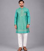 Turquoise blue embroidered cotton silk Men Kurta Set