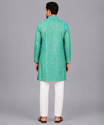Turquoise blue embroidered cotton silk Men Kurta Set 2