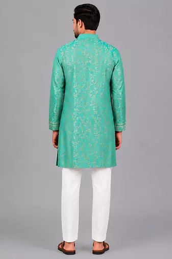Turquoise blue embroidered cotton silk Men Kurta Set