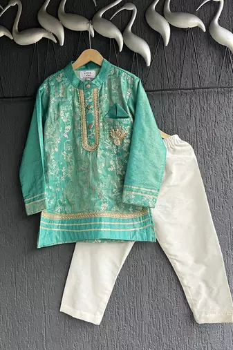 Turquoise blue embroidered cotton silk Men Kurta Set