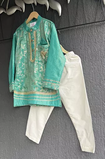 Turquoise blue embroidered cotton silk Men Kurta Set