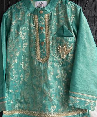 Turquoise blue embroidered cotton silk Men Kurta Set 5