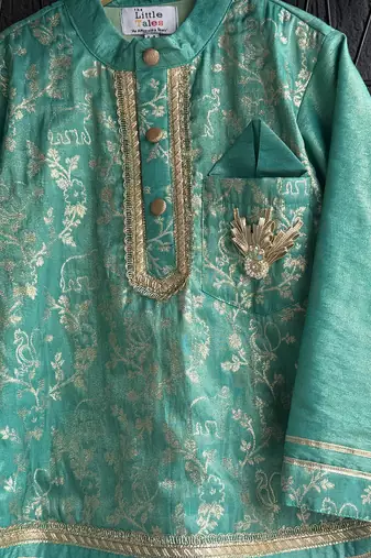 Turquoise blue embroidered cotton silk Men Kurta Set