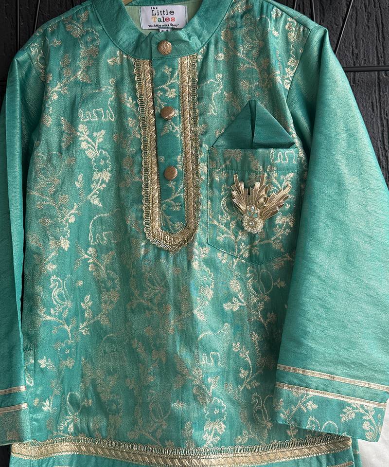 Turquoise blue embroidered cotton silk Men Kurta Set