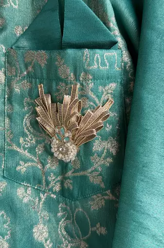 Turquoise blue embroidered cotton silk Men Kurta Set