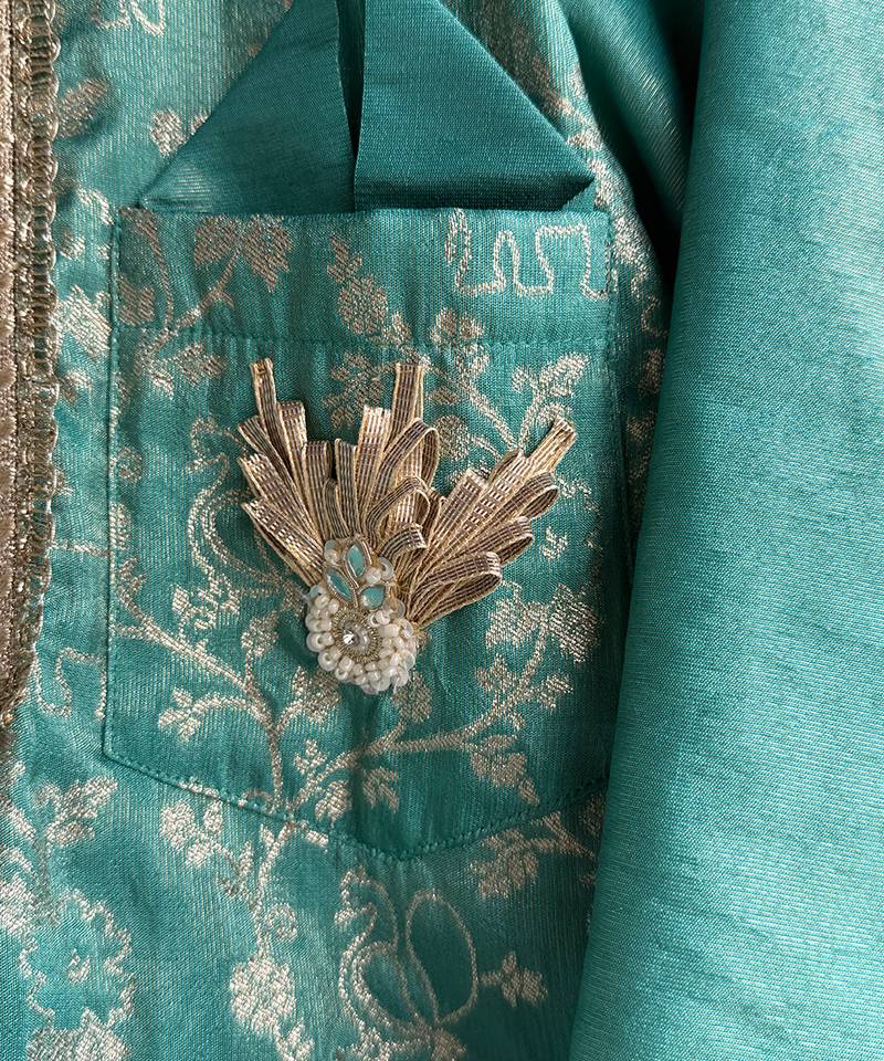 Turquoise blue embroidered cotton silk Men Kurta Set