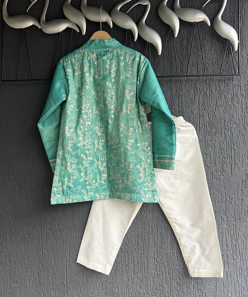 Turquoise blue embroidered cotton silk Men Kurta Set