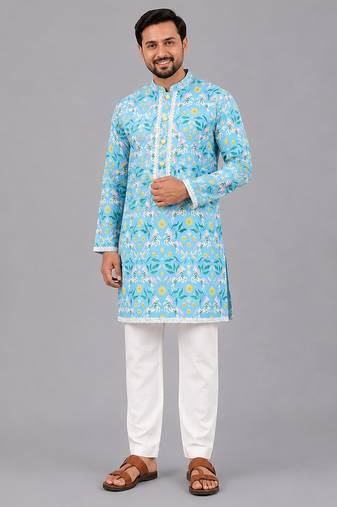 Sky blue floral printed cotton silk Men Kurta Set