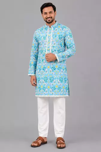 Sky blue floral printed cotton silk Men Kurta Set