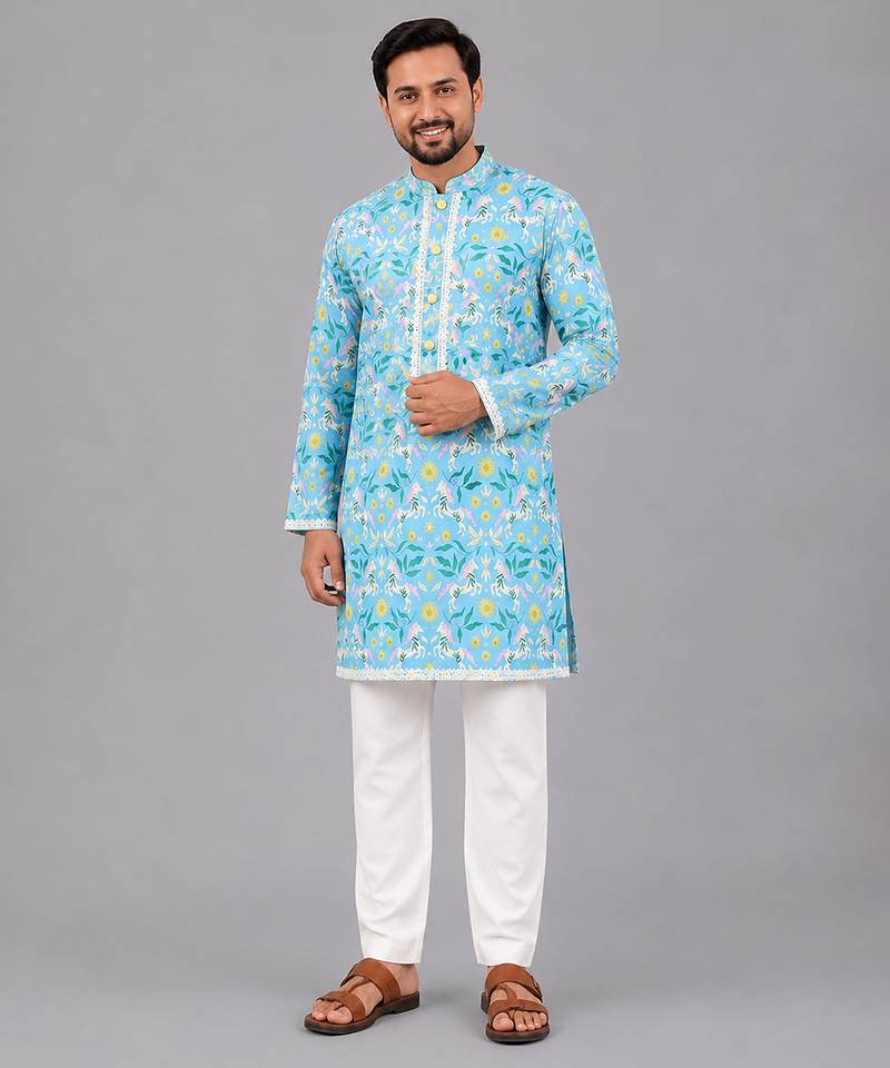 Sky blue floral printed cotton silk Men Kurta Set