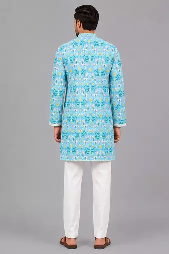 Sky blue floral printed cotton silk Men Kurta Set