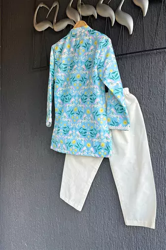 Sky blue floral printed cotton silk Men Kurta Set